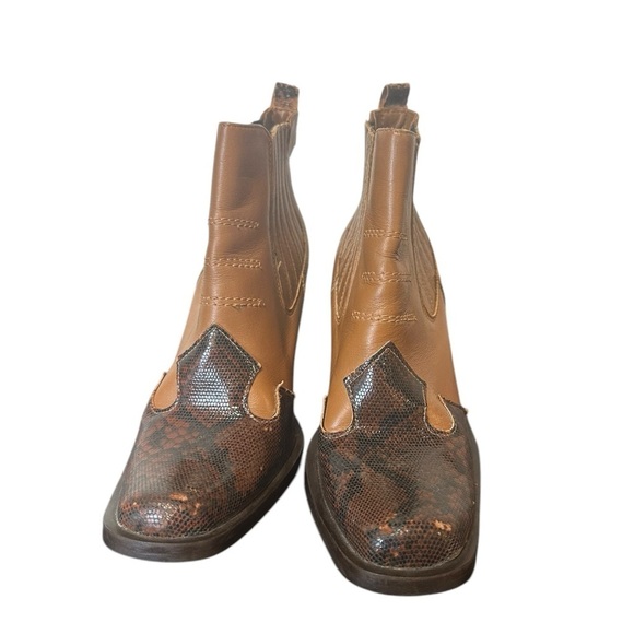 Snakeskin & Brown Western Cowgirl Ankle Booties | Pull On | Block Heel | Sz 7 US - Picture 2 of 7